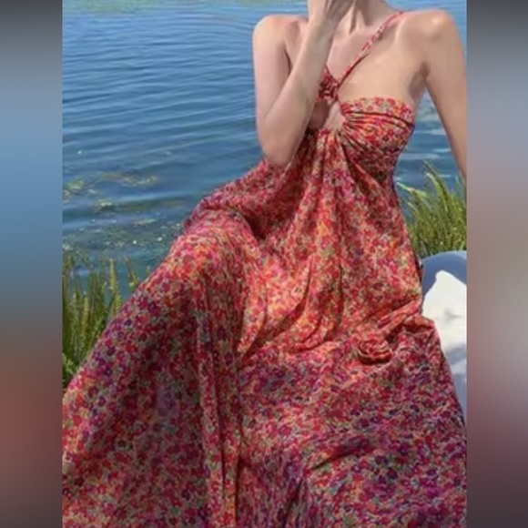 3D Rosette Ditsy Maxi Dress Chiffon Silk Slip Floral Love Flower NEW Suzette - Picture 4 of 14